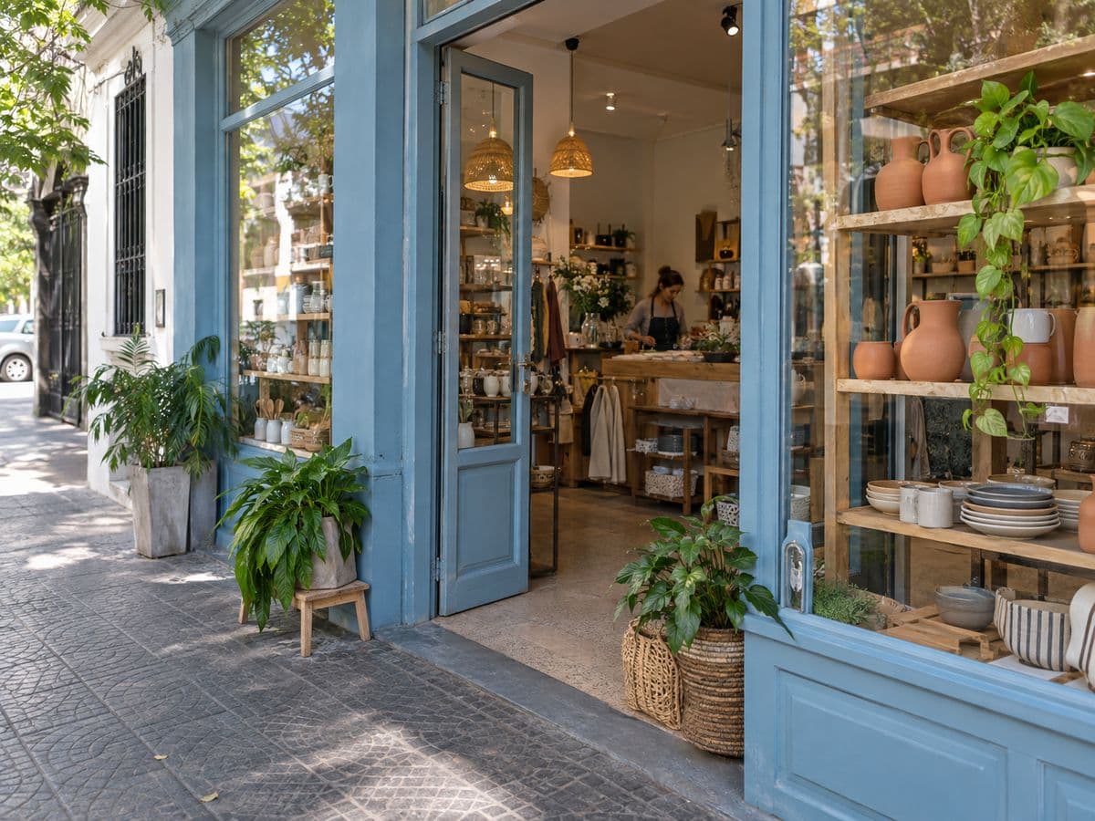 Local de artículos para el hogar con fachada celeste y productos de cerámica