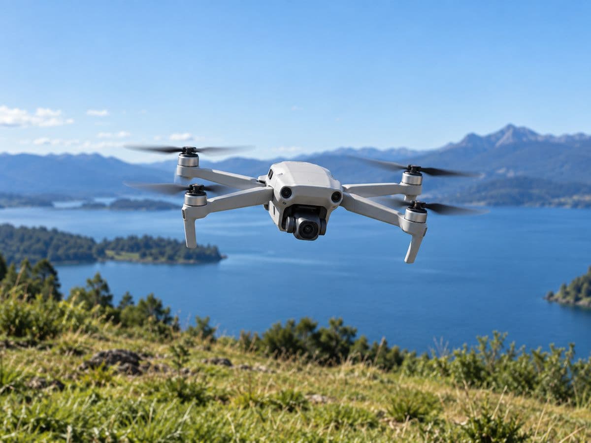 Dron con cámara volando frente a un lago y montañas